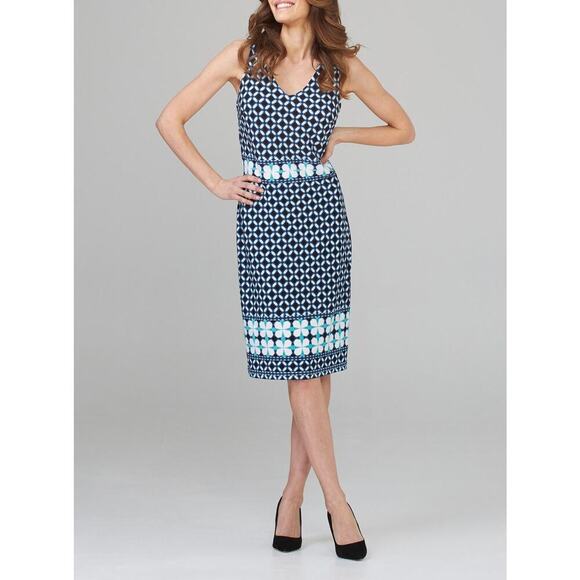 Joseph Ribkoff Blue Geo Print Sheath Midi‎ Dress V-Neck Sleeveless, Size 14 - Picture 3 of 11
